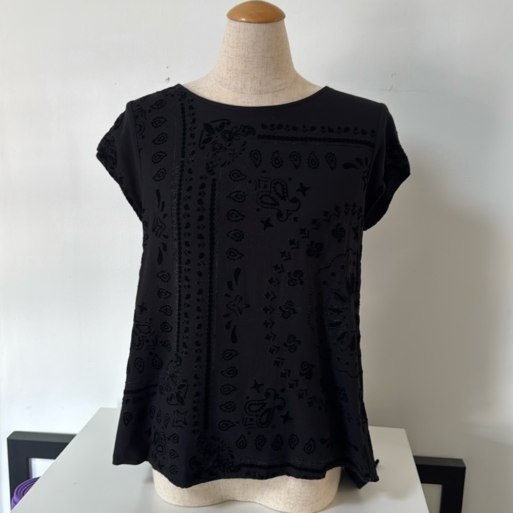 Desigual Unique Top with Raised Velvet Print with Split Back with Sheer Panel! S
